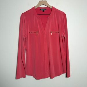 INC Womens Popover Blouse L Pink Gold Zipper Minimalist Office Liquid Knit